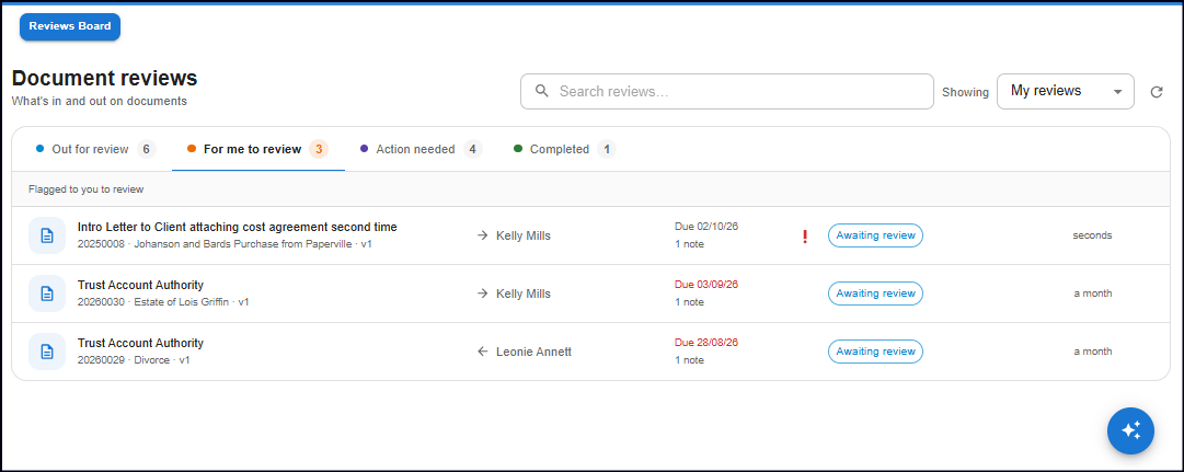Law App — the document review area, showing a document sent for review on a matter