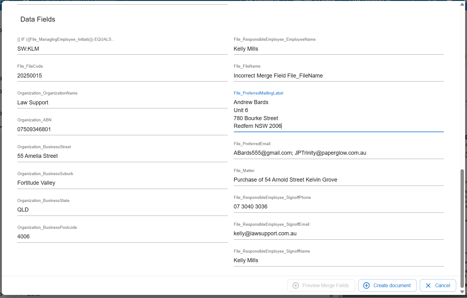 Law App - DQL Data Fields
